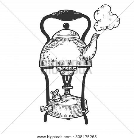 Old Boiling Kettle Pot On Primus Stove Sketch Engraving Vector Illustration. Scratch Board Style Imi