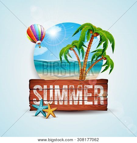 Vector Summer Holiday Illustration With Vintage Wood Board And Exotic Palm Trees On Ocean Landsape B