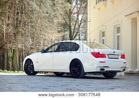 Grodno, Belarus, May 16, 2013: Modern Luxury Bmw 750li Xdrive Car Three-quarter View Parked On Stone