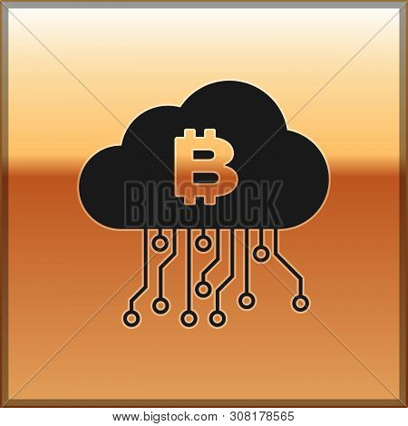 Black Cryptocurrency Cloud Mining Icon Isolated On Gold Background. Blockchain Technology, Bitcoin, 