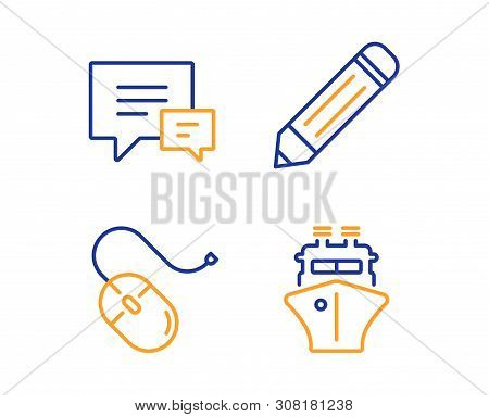 Computer Mouse, Comment And Pencil Icons Simple Set. Ship Sign. Pc Device, Talk Bubbles, Edit Data. 