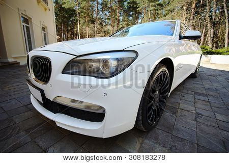 Grodno, Belarus, May 16, 2013: Modern Luxury Bmw 750li Xdrive Car Front Three-quarter Wide View Park