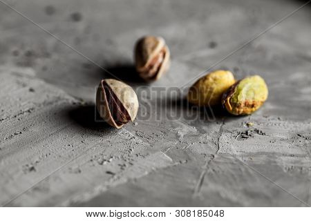 Big Set Of Salted Pistachios On The Table. Pistachios Nuts