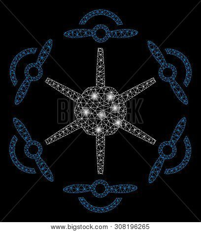 Glossy Mesh Flying Hexacopter With Lightspot Effect. Abstract Illuminated Model Of Flying Hexacopter