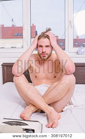 Man Writer Sit Bedclothes Work Book. Need Some Fresh Creative Idea. Author Looking For Inspiration. 