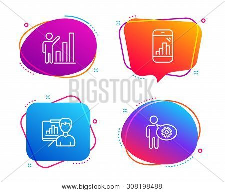Graph Phone, Presentation Board And Graph Chart Icons Simple Set. Cogwheel Sign. Mobile Statistics, 