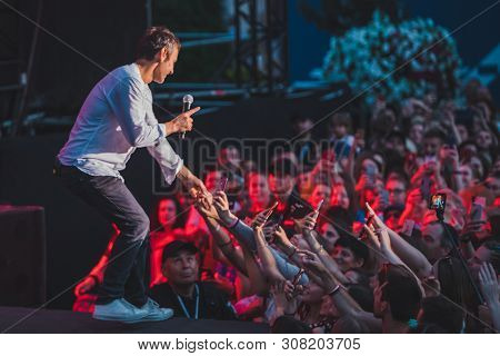 Lviv, Ukraine - June 18, 2019: Svyatoslav Vakarchuk Ukrainian Rock Singer At Stage. Music Fest