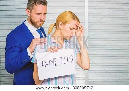 Girl Hold Poster Hashtag Me Too While Colleague Calm Down Her. Victim Assault At Workplace. Worker S