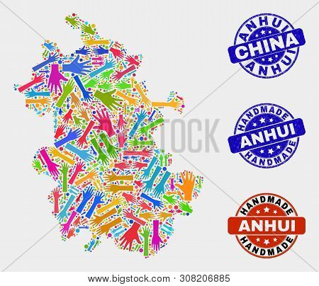 Vector Handmade Collage Of Anhui Province Map And Rubber Seals. Mosaic Anhui Province Map Is Formed 