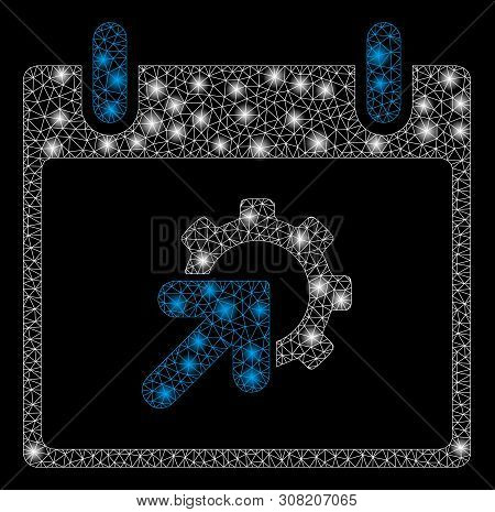 Glossy Mesh Gear Integration Calendar Day With Glitter Effect. Abstract Illuminated Model Of Gear In