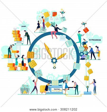 Deadline, Time Management And Teamwork Business Concept Vector. Large Watches And Workers With Task 