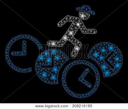 Glowing Mesh Gentleman Running Over Clocks With Glare Effect. Abstract Illuminated Model Of Gentlema