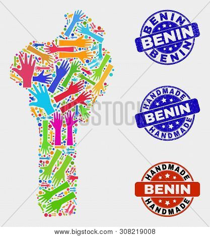Vector Handmade Composition Of Benin Map And Textured Stamp Seals. Mosaic Benin Map Is Done Of Rando