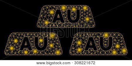 Glowing Mesh Gold Bullions With Lightspot Effect. Abstract Illuminated Model Of Gold Bullions Icon. 