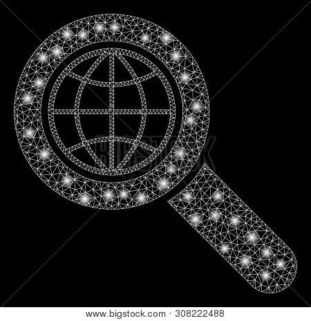 Flare Mesh Global Search With Glare Effect. Abstract Illuminated Model Of Global Search Icon. Shiny 