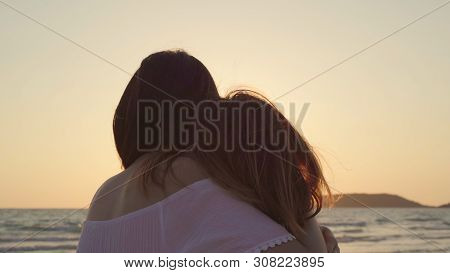 Young Asian Lesbian Couple Kissing Near Beach. Beautiful Women Lgbt Couple Happy Relax Enjoy Love An