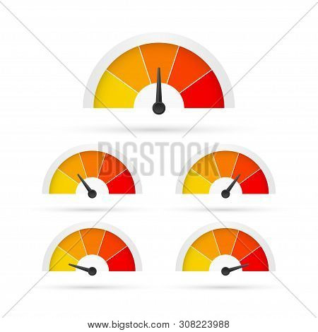 Round Temperature Gauge, Isolated On White Background. Colored Measuring Semicircle Scale In Flat St