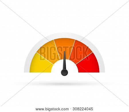 Round Temperature Gauge, Isolated On White Background. Colored Measuring Semicircle Scale In Flat St