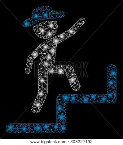 Glowing Mesh Gentleman Steps Upstairs With Glitter Effect. Abstract Illuminated Model Of Gentleman S