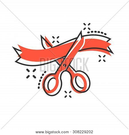 Scissors Icon In Comic Style. Cutting Ribbon Vector Cartoon Illustration On White Isolated Backgroun