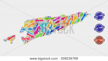 Vector Handmade Composition Of East Timor Map And Textured Stamp Seals. Mosaic East Timor Map Is Com