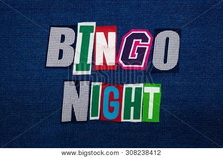 Bingo Night Word Text Collage, Multi Colored Fabric On Blue Denim, Game Night Concept, Horizontal As