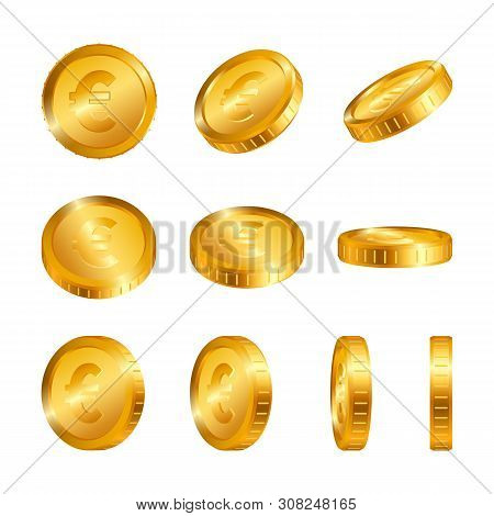 Euro Gold Coins Isolated On White Background. Vector Illustration.