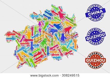 Vector Handmade Collage Of Guizhou Province Map And Scratched Stamps. Mosaic Guizhou Province Map Is