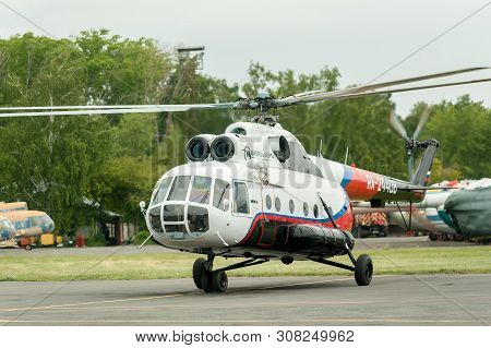 Tyumen, Russia - June 19, 2019: Aircraft Repair Helicopter Utair Engineering Plant. Test Flight Of M