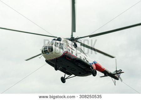 Tyumen, Russia - June 19, 2019: Aircraft Repair Helicopter Utair Engineering Plant. Test Flight Of M