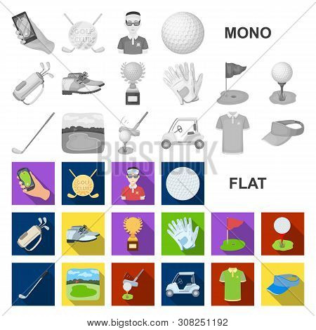 Golf And Attributes Flat Icons In Set Collection For Design.golf Club And Equipment Bitmap Symbol St