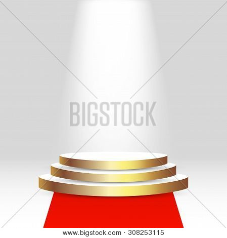 Realistic 3d Pedestal Mock Up With Empty Space, Red Carpet And Light. Background, Platform, Display 