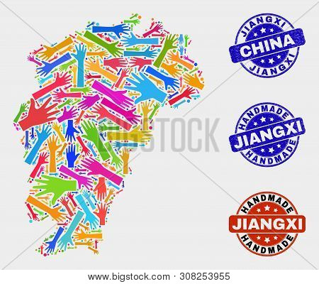 Vector Handmade Collage Of Jiangxi Province Map And Rubber Watermarks. Mosaic Jiangxi Province Map I