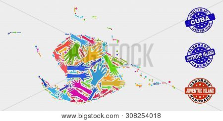 Vector Handmade Combination Of Juventud Island Map And Rubber Watermarks. Mosaic Juventud Island Map