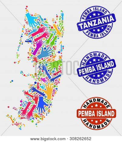 Vector Handmade Composition Of Pemba Island Map And Unclean Seals. Mosaic Pemba Island Map Is Made O