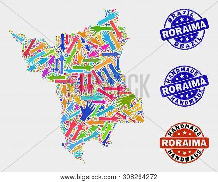 Vector Handmade Combination Of Roraima State Map And Scratched Seals. Mosaic Roraima State Map Is Ma