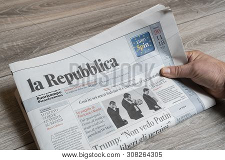Italy, 2018.  A Copy Of La Repubblica Italian Newspaper On The Table