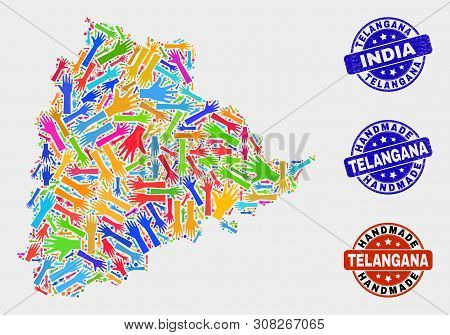 Vector Handmade Combination Of Telangana State Map And Corroded Seals. Mosaic Telangana State Map Is