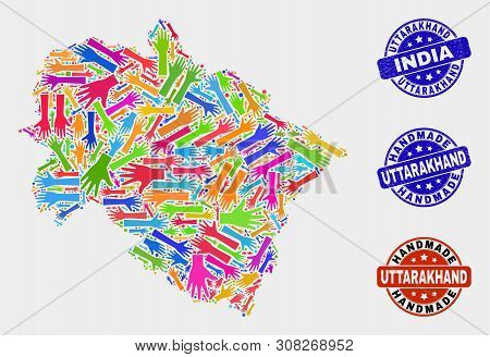 Vector Handmade Composition Of Uttarakhand State Map And Dirty Stamp Seals. Mosaic Uttarakhand State