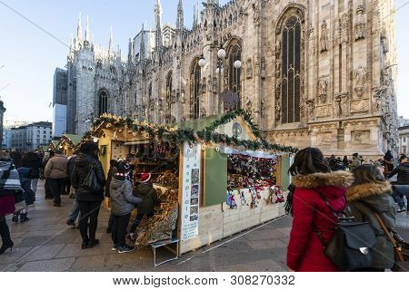 Milan, Italy. January 2019. The Traditional Christmas Stalls On The City Streets