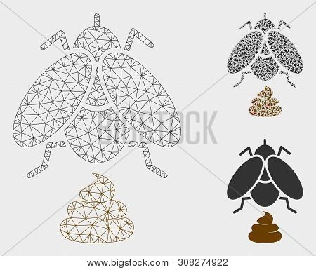 Mesh Fly Shit Model With Triangle Mosaic Icon. Wire Carcass Polygonal Mesh Of Fly Shit. Vector Mosai