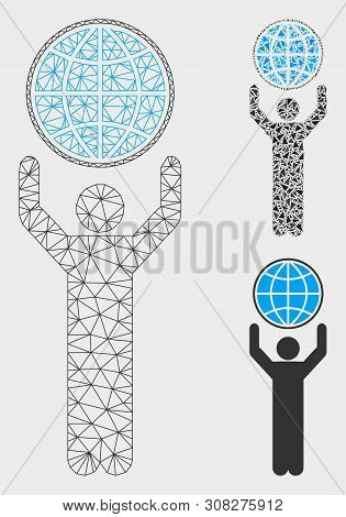 Mesh Globalist Model With Triangle Mosaic Icon. Wire Carcass Polygonal Mesh Of Globalist. Vector Com