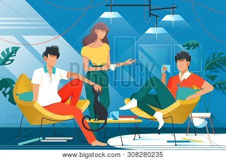 Friends At Home Vector Illustration. Smart People Sitting In Living Room With Comfy Chairs. Man In R