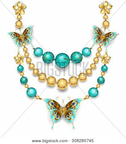 Necklace Of Gold Butterflies, Gold And Turquoise Beads On A White Background. Design Jewelry.