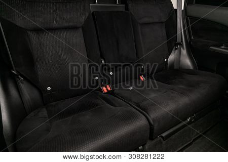 Novosibirsk, Russia - June 22, 2019:  Honda Cr-v, Close-up Of The Black  Rear Seats With Seats Belt.