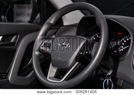 Novosibirsk, Russia - June 22, 2019:  Hyundai Creta, Close-up Of The Dashboard, Speedometer, Tachome