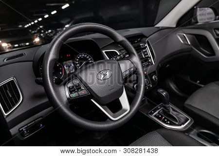 Novosibirsk, Russia - June 22, 2019:  Hyundai Creta, Close-up Of The Dashboard, Speedometer, Tachome
