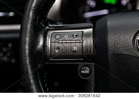 Novosibirsk, Russia - June 22, 2019:  Lexus Gx 460, Car Controller On Steerling Wheel ,music,control