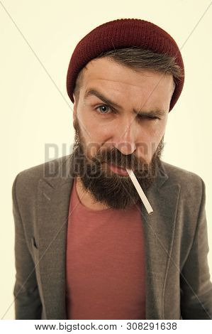 Brutal Unshaven Guy Smoking White Background Close Up. Man Brutal Bearded Hipster Smoking Cigarette.