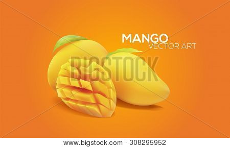 Fresh Yellow Mangoes And A Half Piece In Vector Art. Created By Mesh Tool.